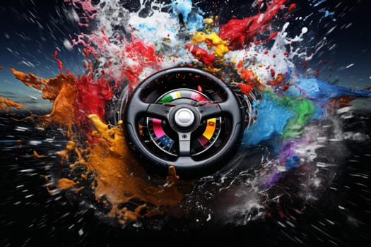 Racing wheel color splash. Water paint. Generate Ai