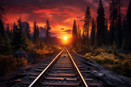 Railroad forest train sunlight. Industry travel. Generate Ai
