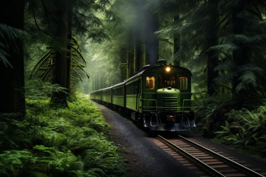Railroad forest train sunset. Scenery aerial. Generate Ai