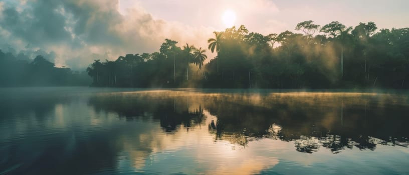 The first light of dawn peeks through clouds, illuminating the mist over a tranquil tropical lake surrounded by dense forest. The water's surface reflects the ethereal morning light