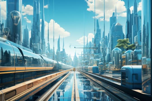 Railway glass skyscrapers. Rail wagon. Generate Ai