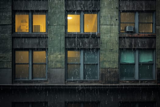 Rainy window autumn building. Season nature leaf wet weather. Generate Ai