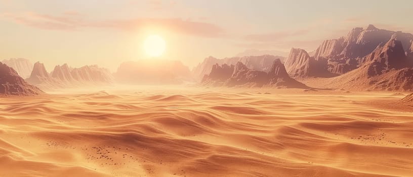 As dusk settles, the serene desert offers a peaceful landscape, with gentle dunes leading towards distant mountains under a sky painted with soft pastel hues
