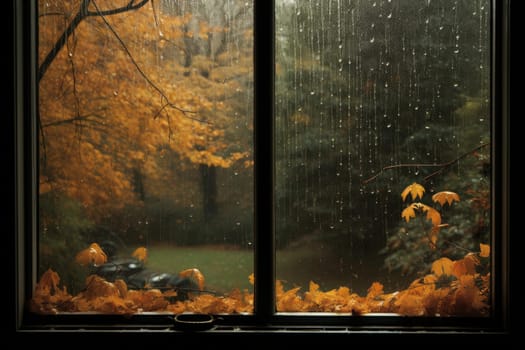 Rainy window autumn. Rain season of drop fall glass. Generate Ai