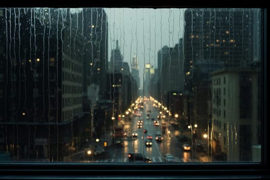 Rainy window autumn city. Street space water wet time. Generate Ai