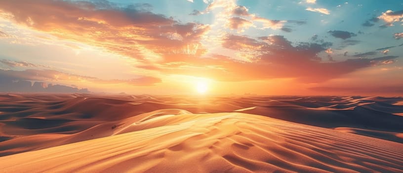 The desert sky ignites with the majesty of the setting sun, casting a golden radiance over the dune crests. The evening whispers peace across the sands