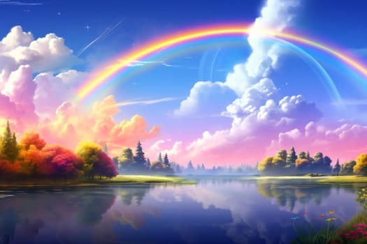 Summer landscape rainbow. Storm sun. Generate Ai