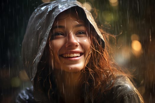 Smiling girl in outdoor rain. Female portrait in raincoat outside walk. Generate ai