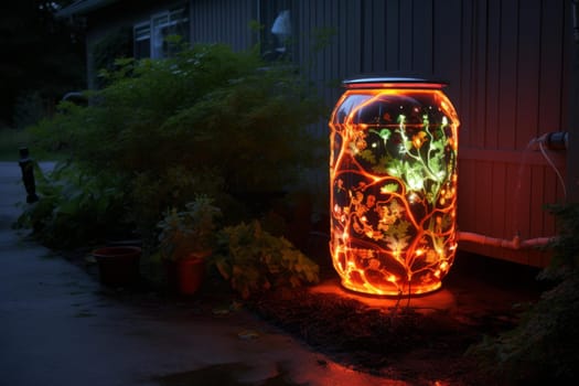 Brown rain barrel glowing near the house. Rain water storage accumulation tool. Generate ai