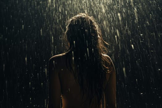 Woman rain poured flashed. Wet night. Generate Ai