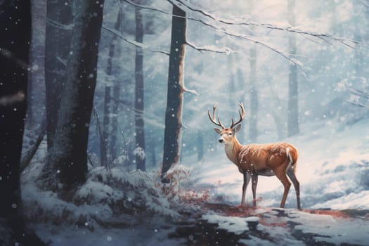 Reindeer snowy forest. Forest snow cold season outdoor. Generate Ai