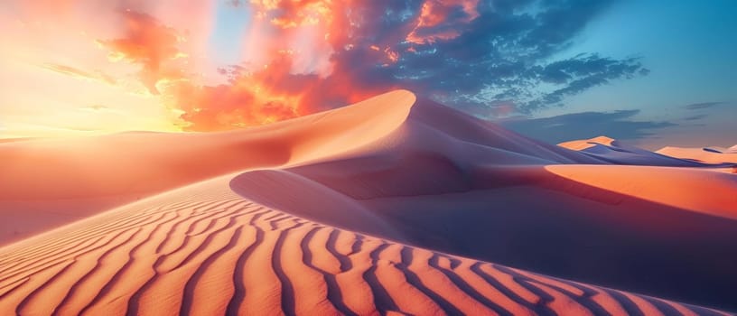 The setting sun casts a fiery glow over undulating desert dunes, their sharp ridges creating a mesmerizing pattern of light and shadow