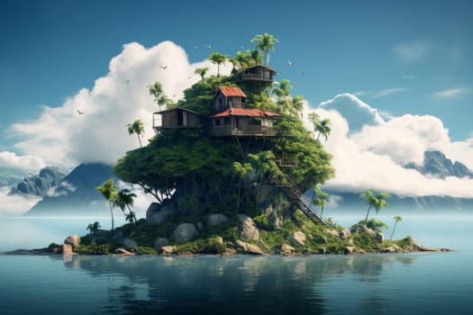 Raised island houses landscape. Vacation flood. Generate Ai