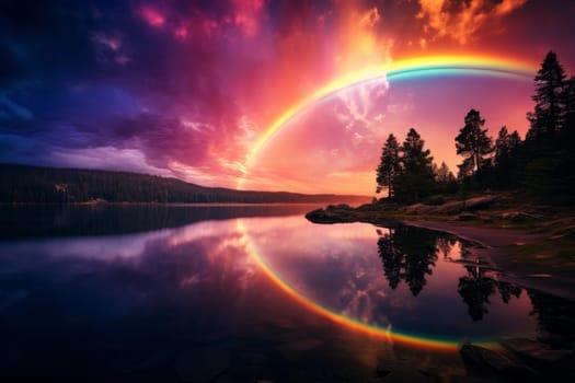 Rainbow nature near tree. Bright sun. Generate Ai