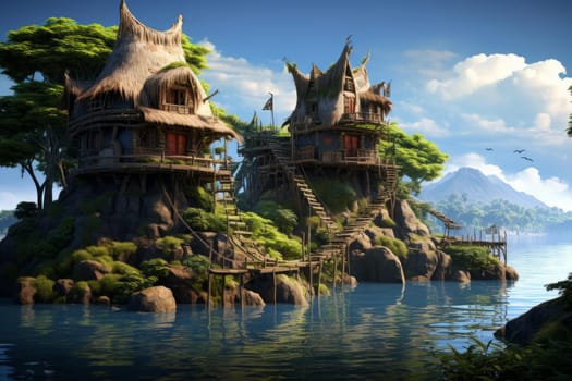 Raised island houses. Summer vacation. Generate Ai