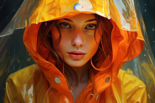 Raincoat woman smiling outdoor. Fashion cheerful nature smiling adult. Generate Ai