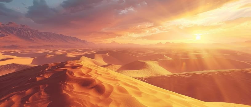 The sun rises over a vast desert, casting golden hues across the sand dunes. The interplay of light and shadow creates a dynamic and textured landscape
