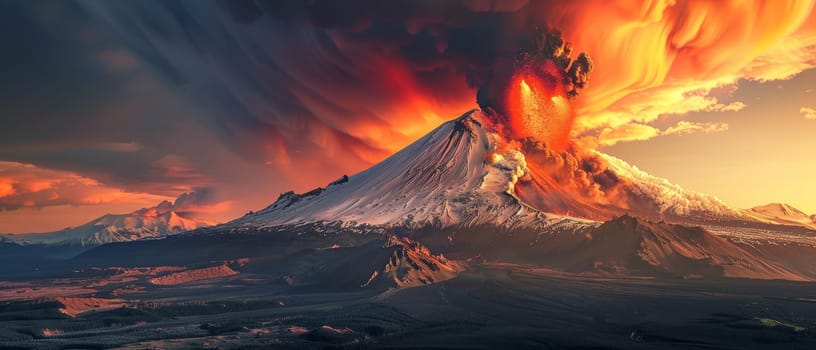 The dusk sky churns with the apocalyptic fury of a volcanic eruption, the fiery outflow mirroring the tumultuous clouds overhead. It is a scene of raw and untamed beauty