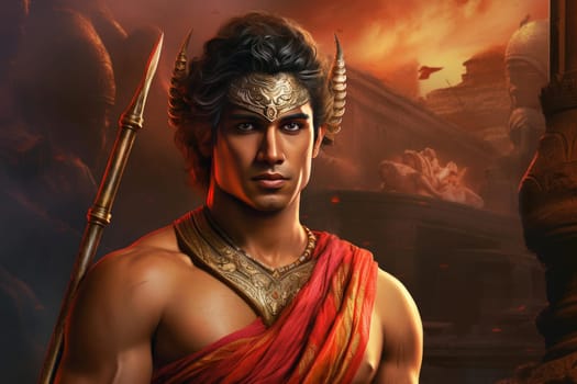 Rama hero portrait. Handsome man with long colorful earrings and gold crown. Generate AI