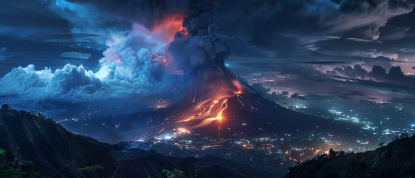 The infamous Mount Vesuvius erupts under a starlit sky, its molten rivers carving paths of light through the darkness. This captivating scene highlights the turbulent beauty of an active stratovolcano