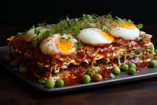 Ramen lasagna food on table. Italian dish with tomato sauce and cheese. Generate Ai