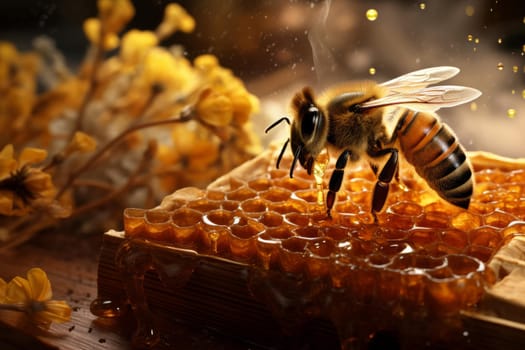 Bees inside a hive. Comb frame. Generate Ai