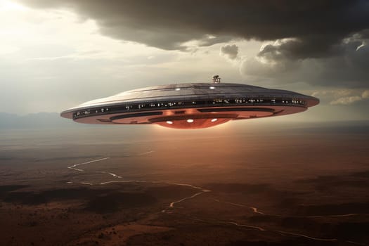 Ufo neon ship. Star visitor wall. Generate Ai