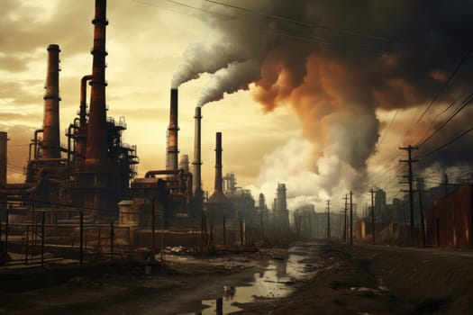 Smokestacks city sunset. Pipe tower. Generate Ai