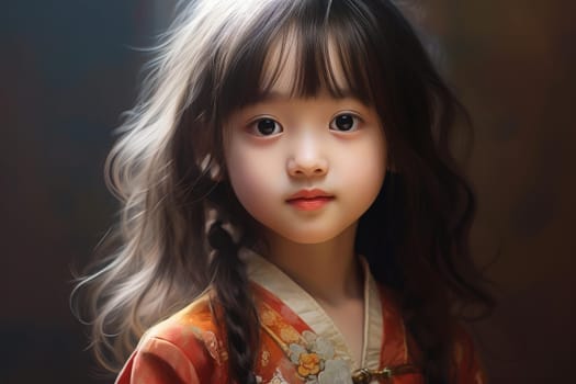 Realistic smiling Chinese little girl. Happy Korean girl with short dark hair. Generate ai