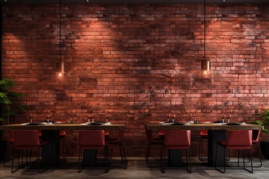 Red brick wall restaurant light. Wooden shop. Generate Ai