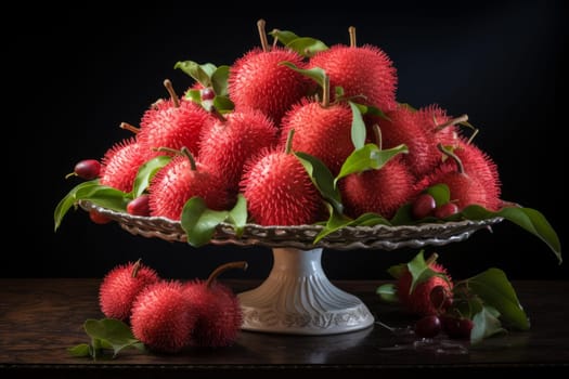 Whole and half rambutan fruit on table. Fresh delicious ripe tropical dessert. Generate ai