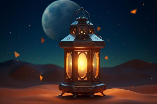 Ramadan lantern in dark desert. Muslim traditional religious candle fasting holy month. Generate ai