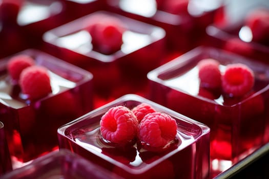 Raspberry jelly shots. Gelatin dessert snack macro shot. Generate Ai
