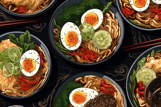 Ramen food pattern. Asian fresh food bowl top view. Generate Ai