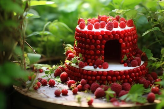 Raspberry cake in garden. Pastry food. Generate Ai