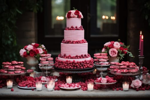 Raspberry cake on table. Pastry food. Generate Ai