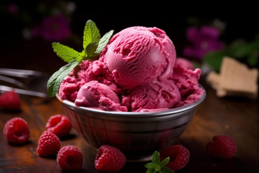 Raspberry ice cream. Cold tasty food. Generate Ai