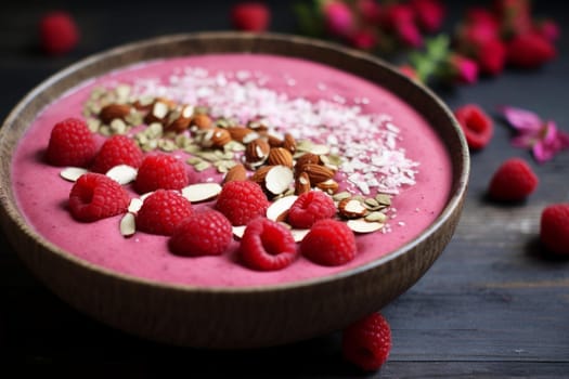 Raspberry smoothie bowl. Pink healthy food. Generate AI