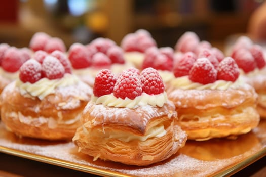 Raspberry puffs bakery. Pastry delicious sweet pastry dessert with berries. Generate ai