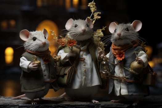 Cute rats figurines for Chinese new year celebration. Golden small mouse statues for zodiacal festive day. Generate ai