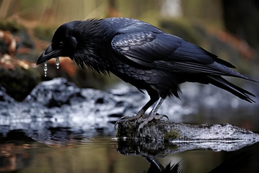 Raven bird water bath. Street bird animal. Generate Ai
