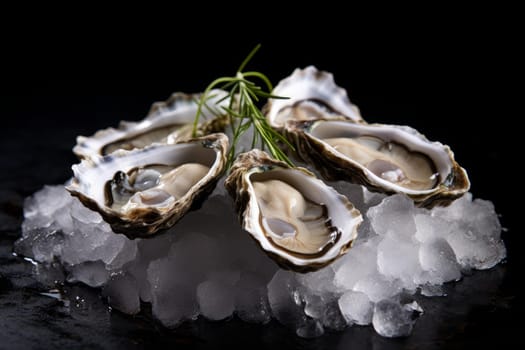 Raw oysters on ice platter. Seafood luxury delicious delicatessen plate. Generate ai