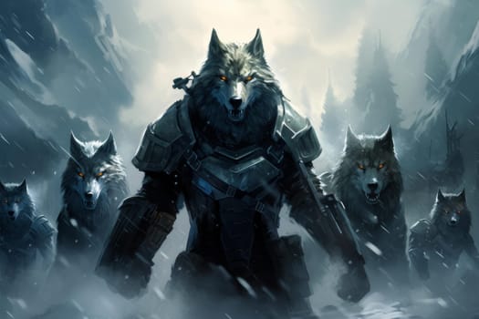 Rebels wolfs fantasy dark. Spear animal. Generate Ai