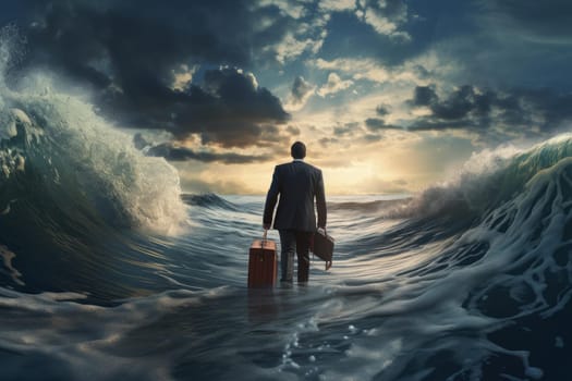 Rich businessman at sea. Luxury man portrait in summer. Generate Ai