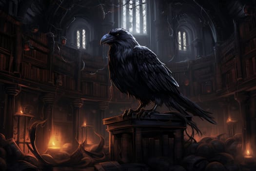 Raven ancient library old. Culture volume. Generate Ai