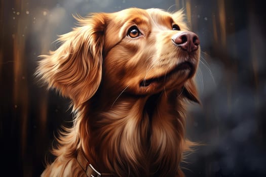 Realistic dog sitting on kitchen floor. Adorable domestic puppy dog indoor relaxing pose. Generate ai