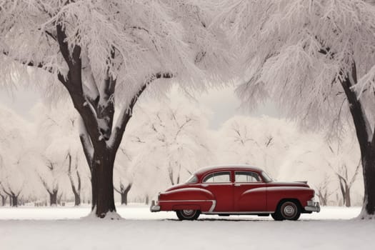Red car winter. Snowy forest and roadway auto travelling. Generate ai