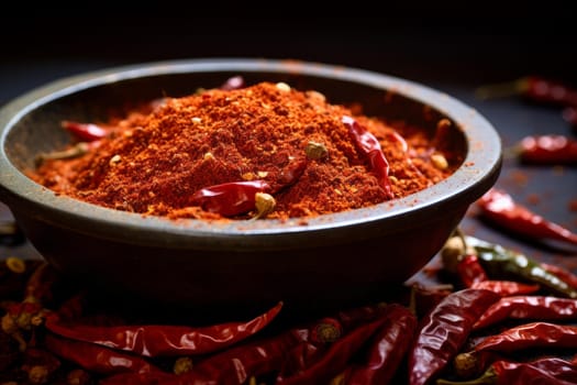 Red chili flakes. Powder dry pile. Generate Ai