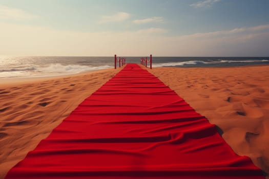 Red carpet beach. Holiday sand coast. Generate Ai