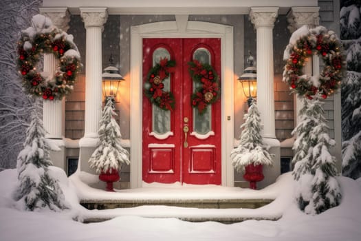 Door Christmas colorful decoration. Red door exterior with colorful lights. Generate Ai